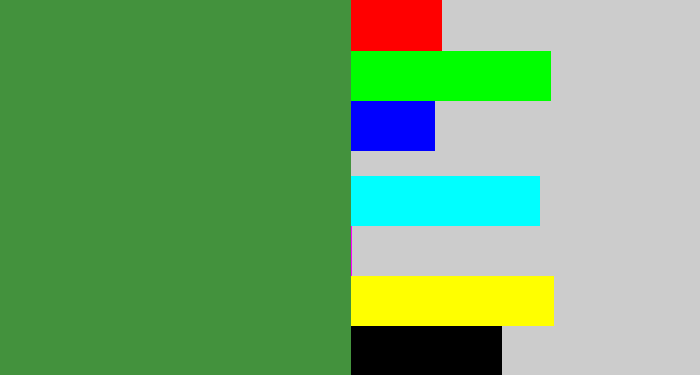 Hex color #43923d - fern green