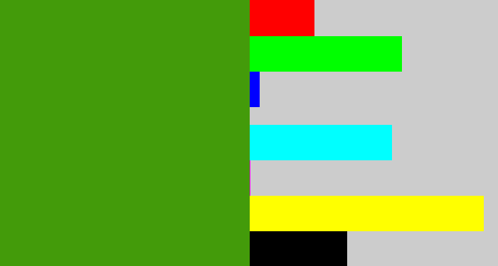 Hex color #439b0a - grass green