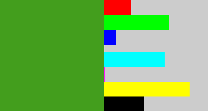 Hex color #439e1d - grass green