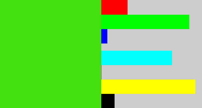 Hex color #43df0f - vivid green
