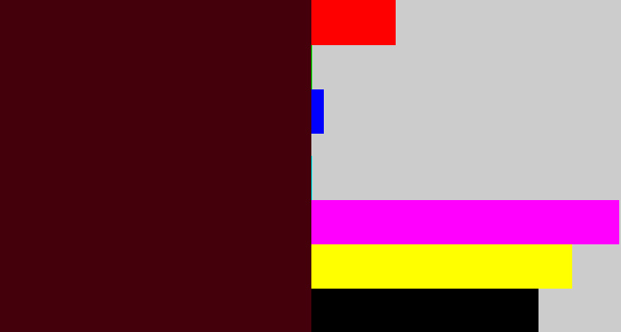 Hex color #44010b - dark maroon