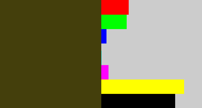 Hex color #443f0c - dark olive