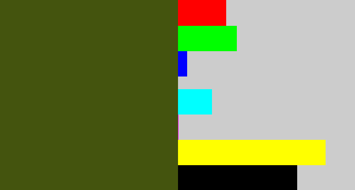 Hex color #44540e - army green