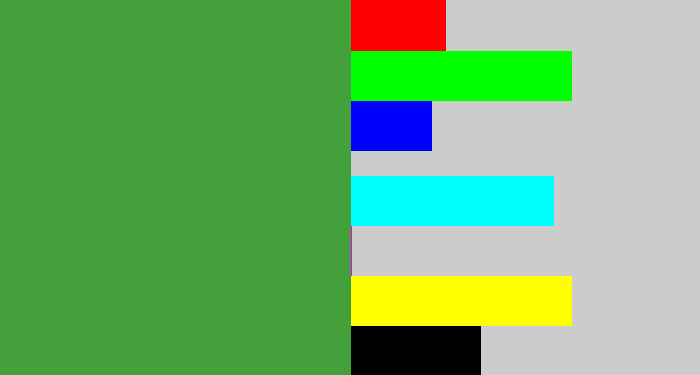 Hex color #44a03b - mid green