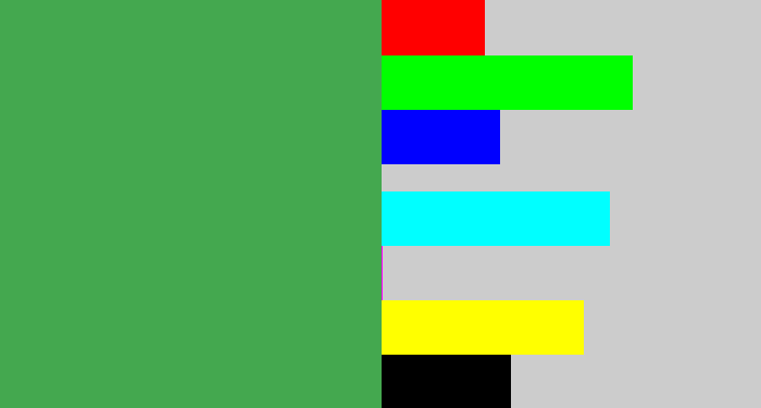 Hex color #44a84f - medium green