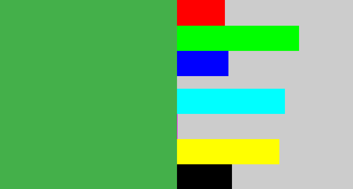 Hex color #44b04a - medium green