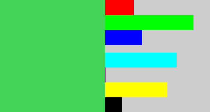 Hex color #44d558 - lightish green