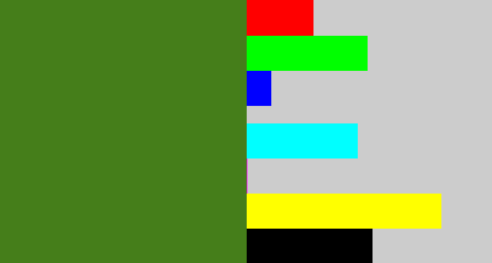 Hex color #457e1a - dark grass green