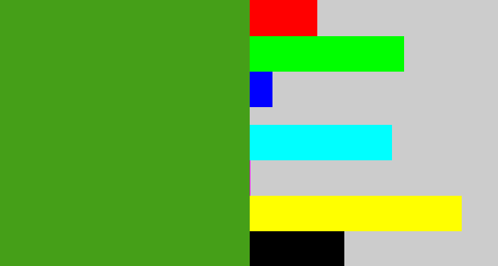 Hex color #459f18 - grass green
