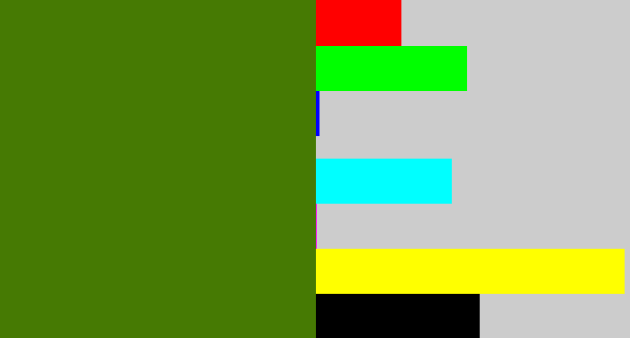 Hex color #467a03 - dark grass green