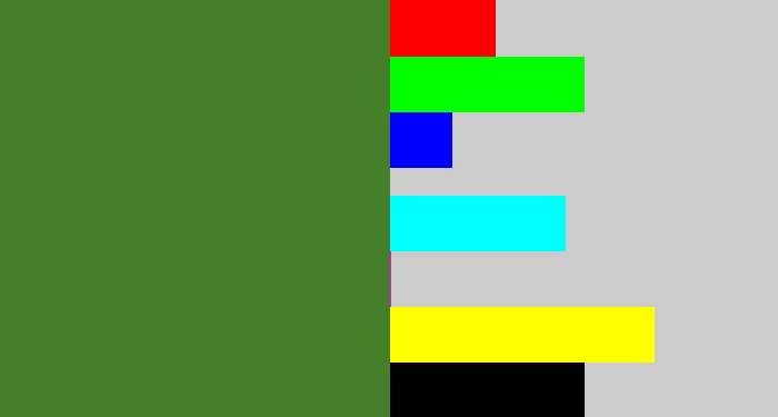 Hex color #467f29 - camo green