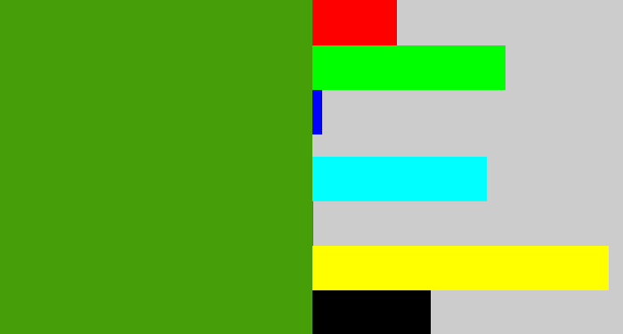 Hex color #469f08 - grassy green