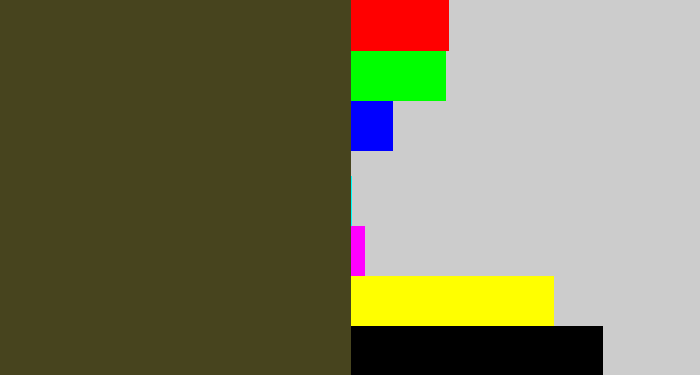 Hex color #47441e - army green