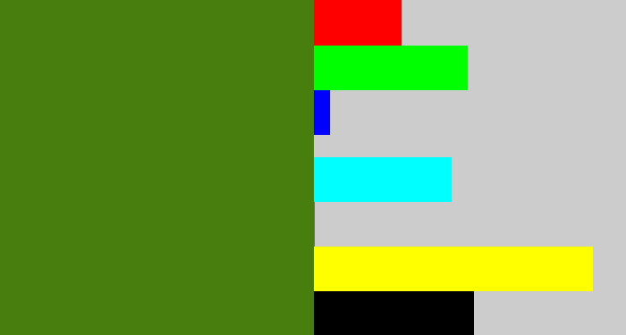 Hex color #477e0e - dark grass green