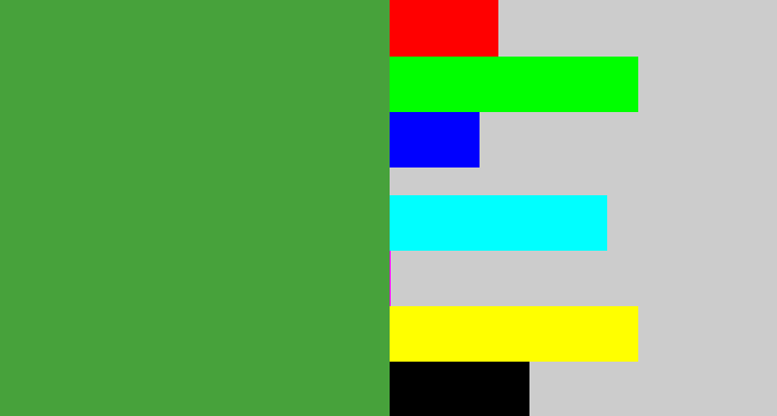 Hex color #47a23b - mid green