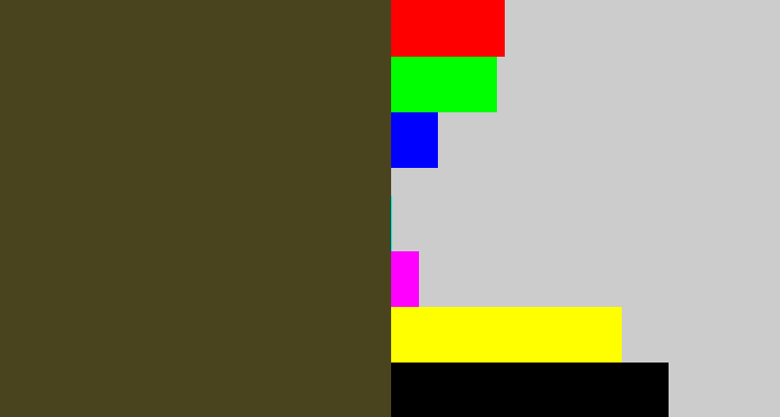Hex color #49441e - army green