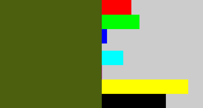 Hex color #4b5f0e - camouflage green