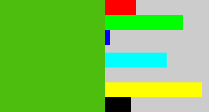 Hex color #4dbe0e - frog green