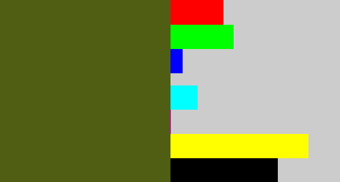 Hex color #4f5e12 - camouflage green