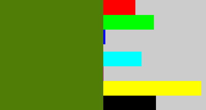 Hex color #4f7d06 - dark grass green