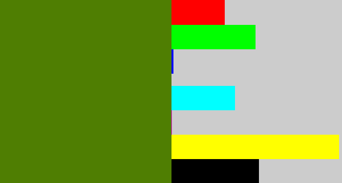 Hex color #4f7e02 - dark grass green