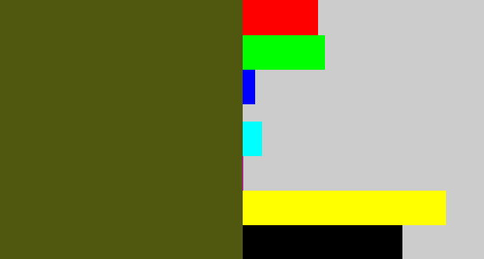 Hex color #50570e - army green