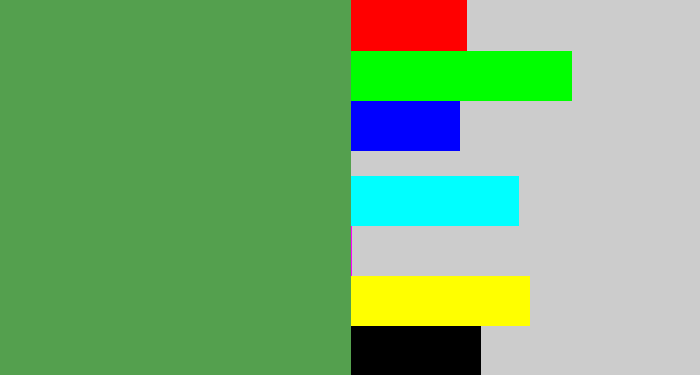 Hex color #54a04e - mid green