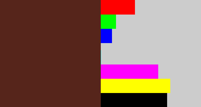 Hex color #56251b - brown