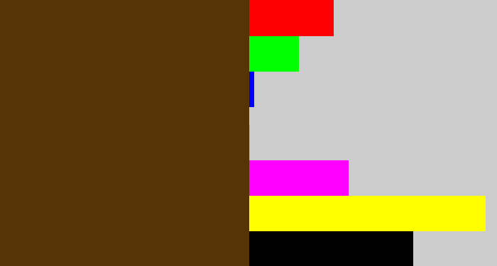 Hex color #563404 - brown