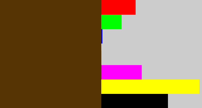 Hex color #573403 - brown