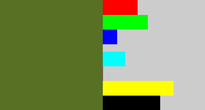 Hex color #577023 - camo green