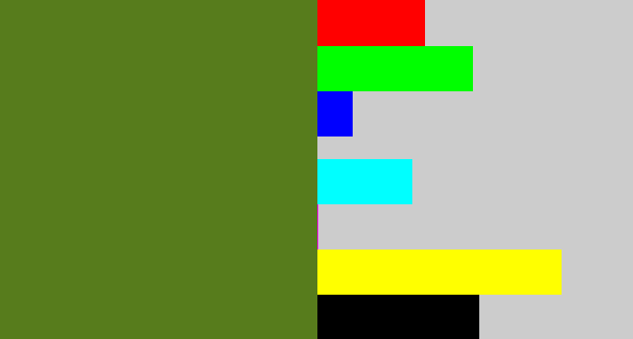 Hex color #577c1c - sap green