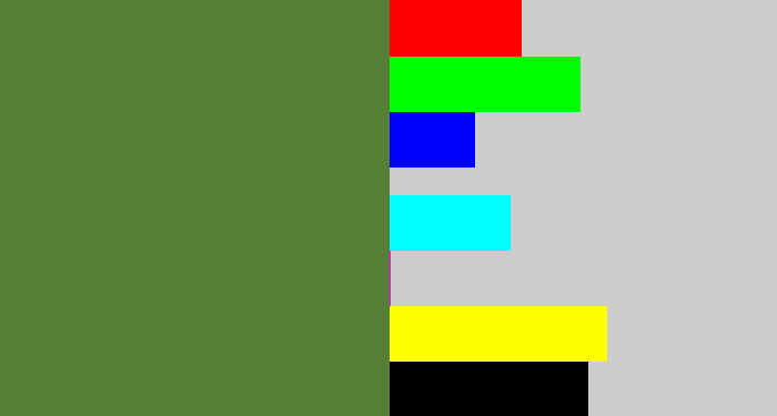 Hex color #577e37 - military green