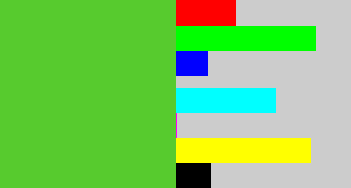 Hex color #57cb2e - toxic green