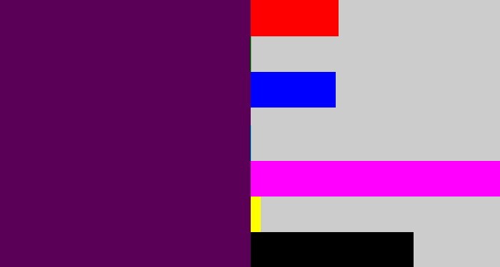 Hex color #5a0056 - plum purple