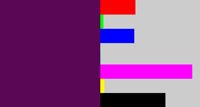 Hex color #5a0756 - plum purple