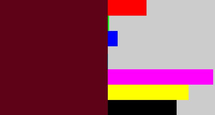 Hex color #5d0217 - claret