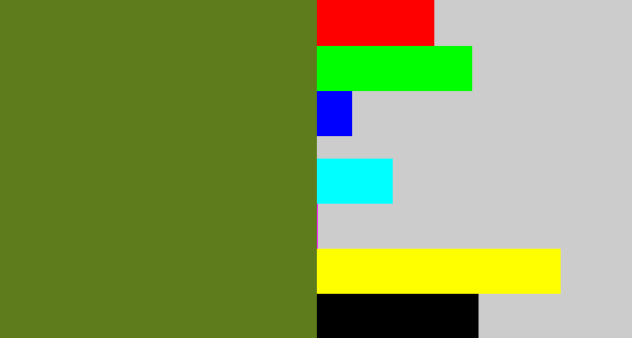 Hex color #5e7c1c - sap green