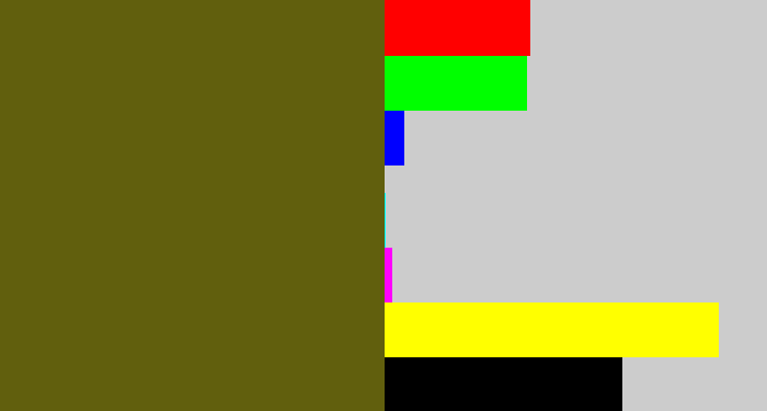 Hex color #615f0d - greenish brown