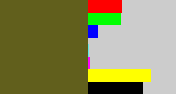 Hex color #615f1c - greenish brown