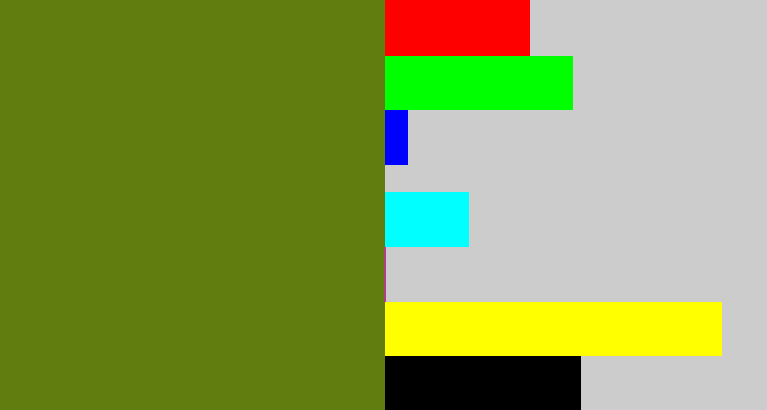Hex color #617d0f - murky green