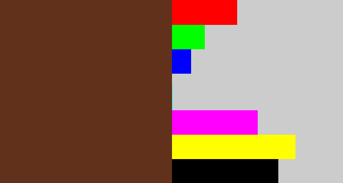 Hex color #62311b - mud brown