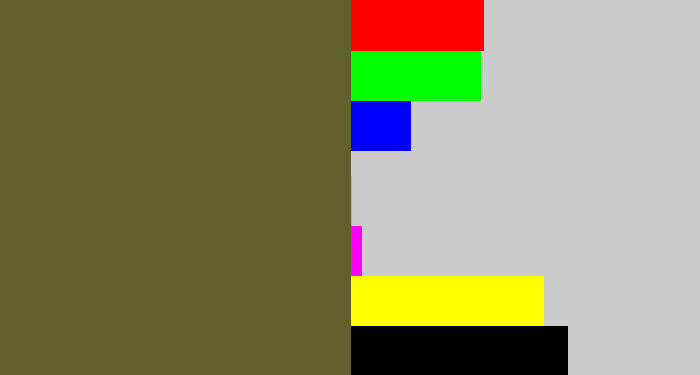 Hex color #625f2c - camo green