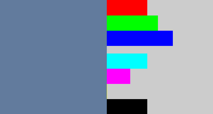 Hex color #627b9d - greyish blue