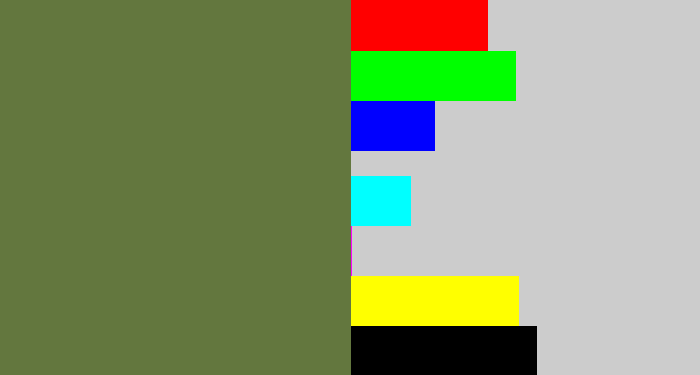 Hex color #63773e - military green