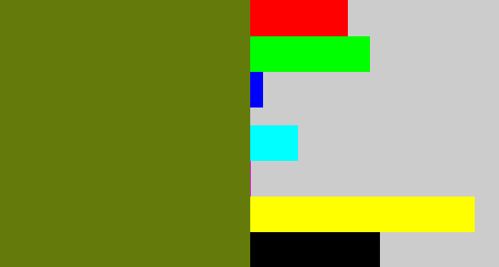 Hex color #647b0c - murky green