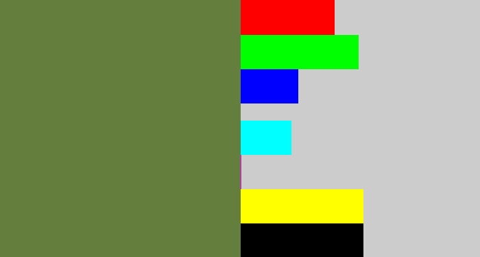 Hex color #647e3e - military green
