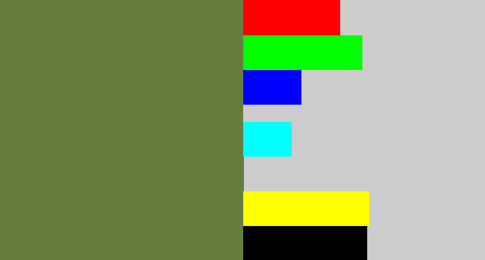 Hex color #657e3d - military green