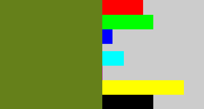 Hex color #65801a - sap green