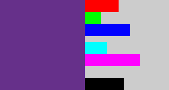 Hex color #66308a - purple